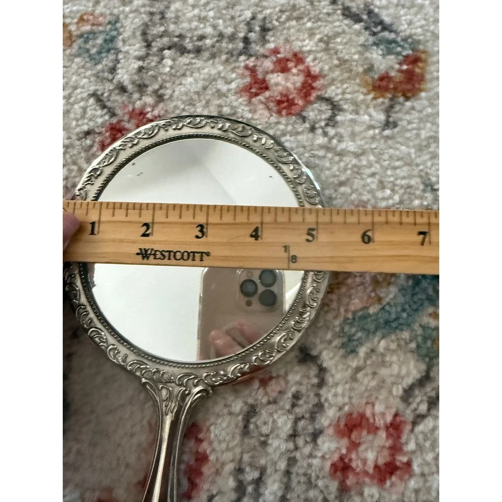 Vintage Silver Ornate Floral Repousse Hand Mirror Victorian Style Vanity Decor